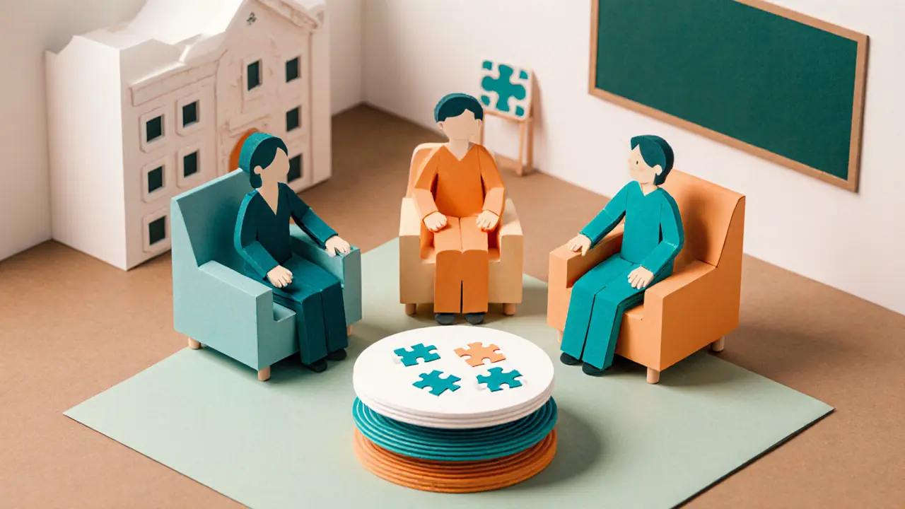 Rodinná terapie s terapeutem, rodičem a dítětem u kulatého stolu.