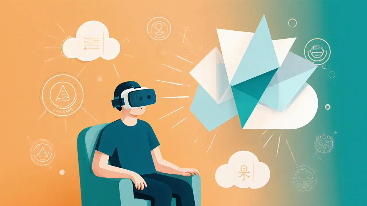 Samostatná VR terapie doma s AI pomocí papírového designu, vyzařuje nadějnou atmosféru.