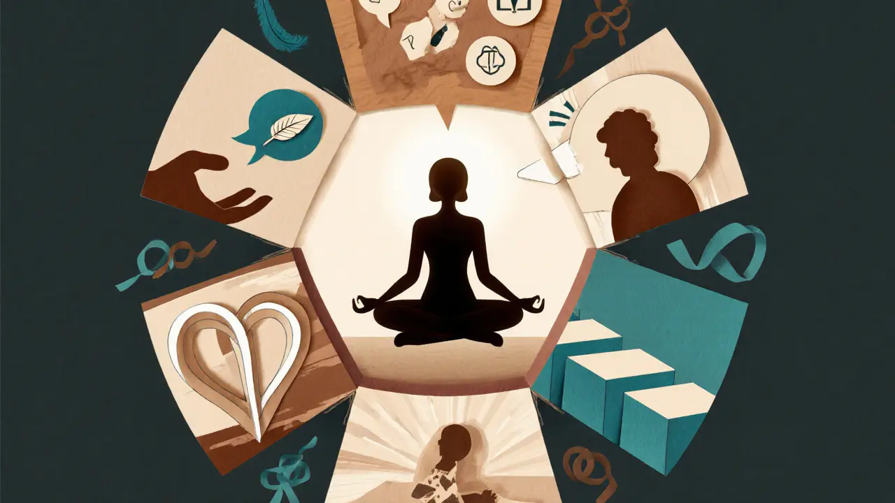 Šest symbolických scén (přijetí, defúze, mindfulness, pozorovatel, hodnoty, akce) uspořádaných kolem postavy v stylu vystřižených papírů.