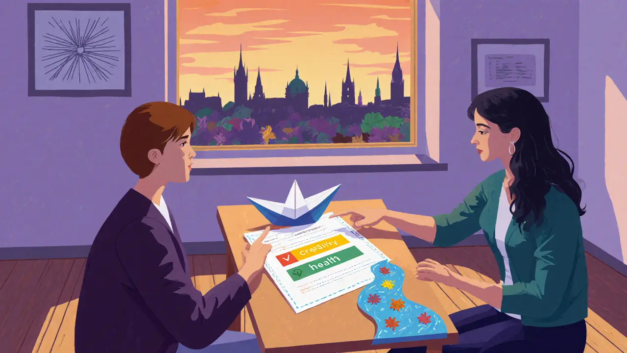 Terapeut a klient v místnosti s oknem na panoráma Prahy, papírová listová metafora a seznam hodnot v cut‑paper stylu.