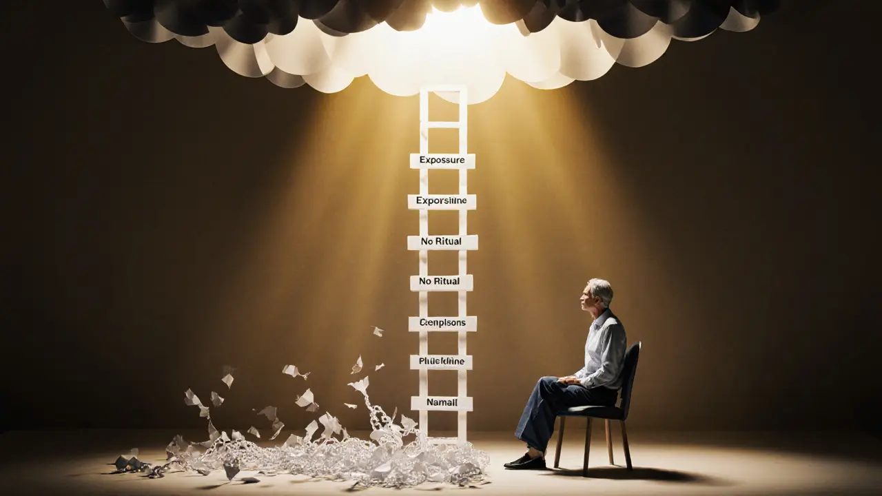 Terapeut a pacient na papírové žebříkové cestě od kompulzí k volnosti.