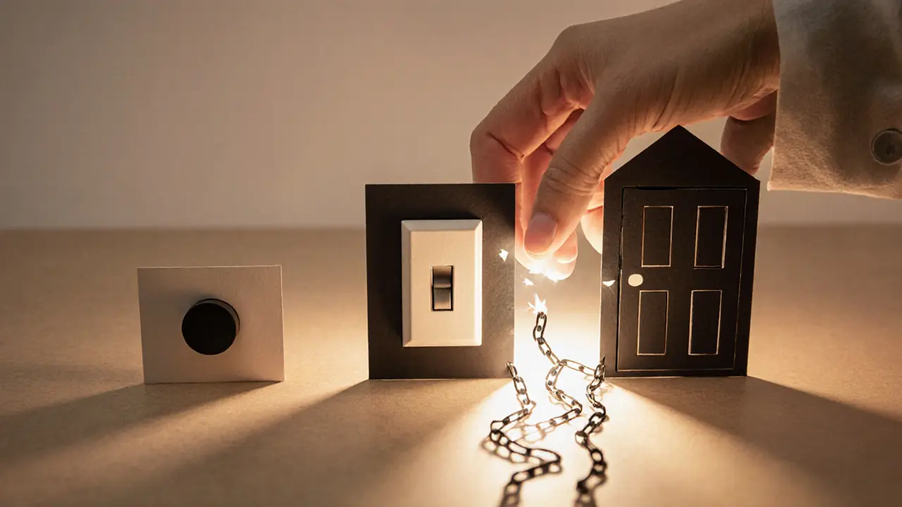 Terapeut a pacient u stolu, papírové výřezy strachu uspořádány do hierarchie, ruka se dotýká prvního objektu.