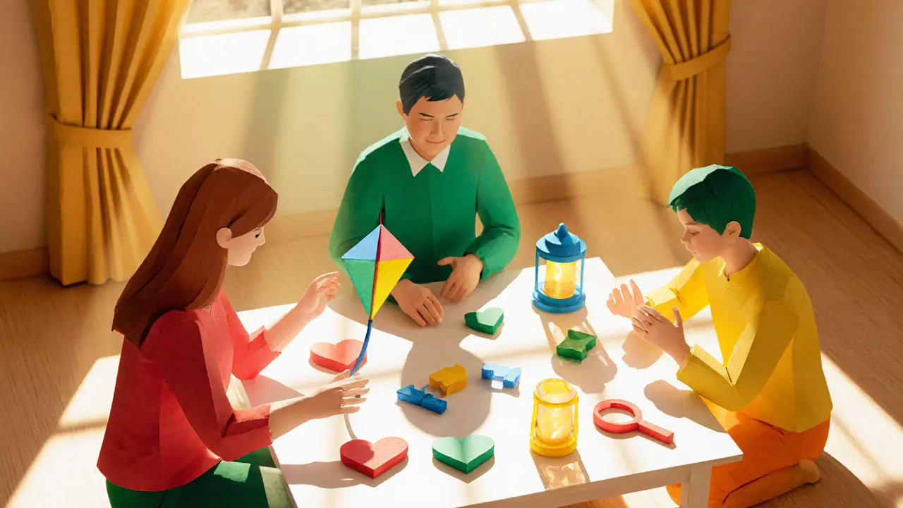 Terapeut, rodič a dítě hrají s papírovými figurkami, zobrazující principy PACE.