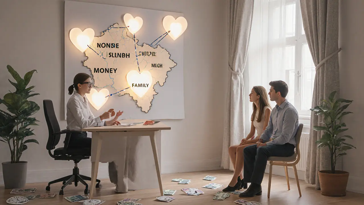 Terapeut s dvojicí v kanceláři, za nimi papírová mapa Česka s vazbami mezi srdci.