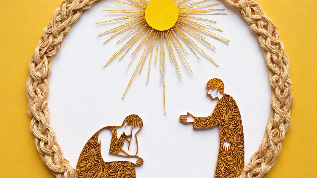 Tři papírové postavy symbolizují soucit k druhým, od druhých a k sobě, spojené zlatými nitěmi v kruhovém ochranném rámu.