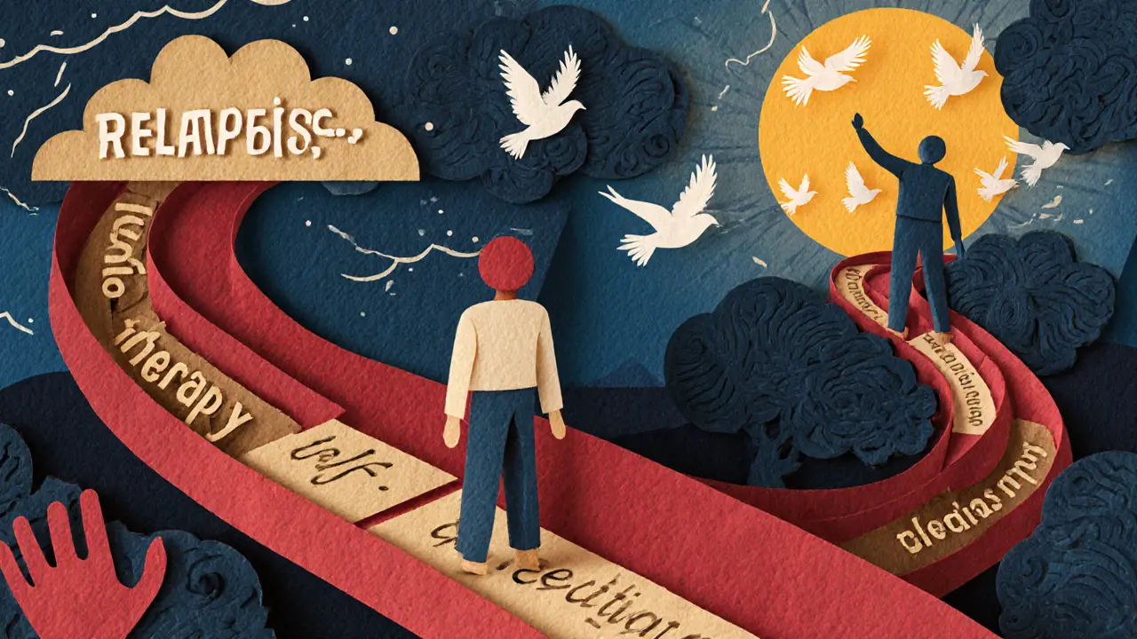 Cesta k uzdravení s papírovými ptáky a rukama pod sluncem.