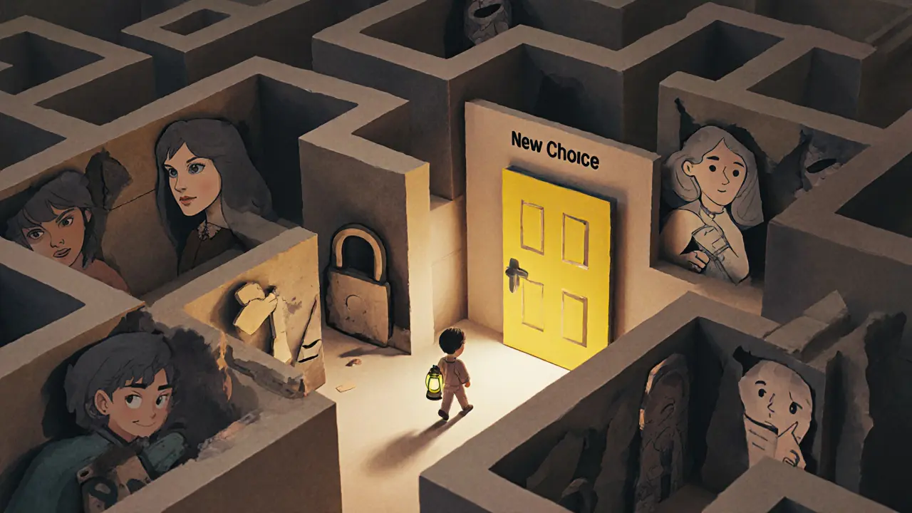 Člověk prochází bludištěm z papírových zdí, kde jsou zakotveny scény z dětství, zatímco na výstupu svítí slunce.