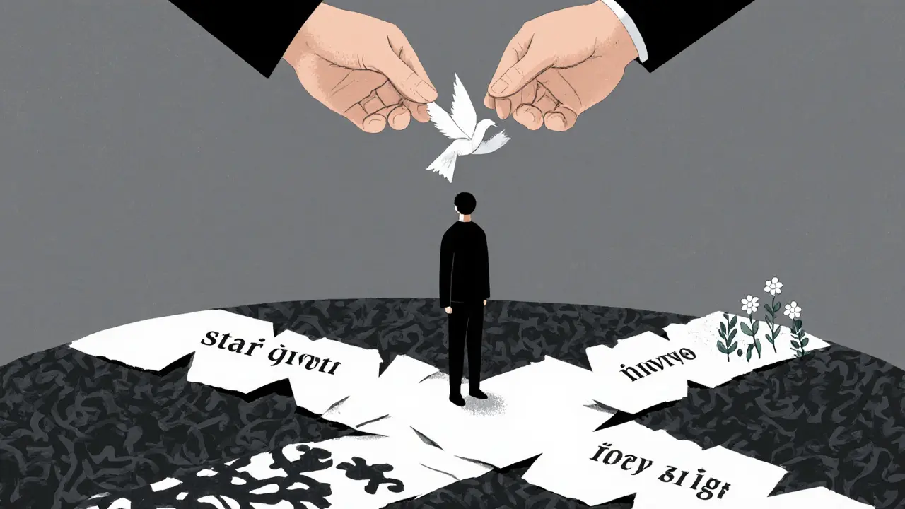 Člověk stojí na křižovatce mezi temnou minulostí a slabým novým životem, nad ním létá papírový pták.