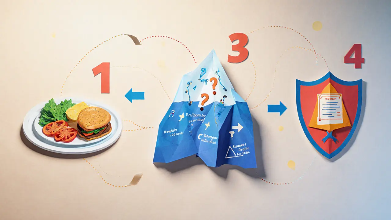 Čtyři fáze CBT-E jako vrstvy stříhaného papíru: jídlo, mapa, ledovec a štít s plánem.