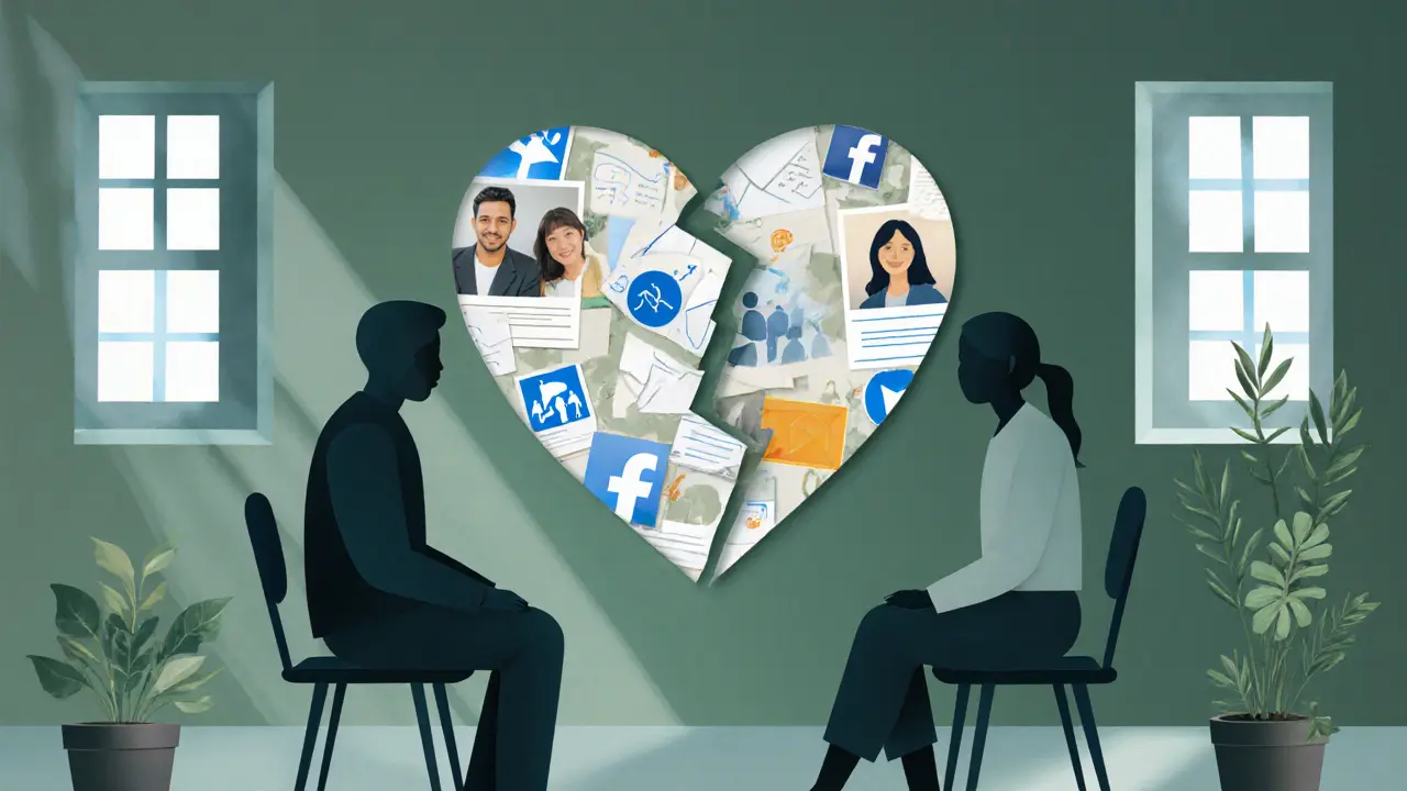 Dva lidé v terapeutickém prostředí, propojení jejich siluett a srdce z papíru symbolizují spojení.