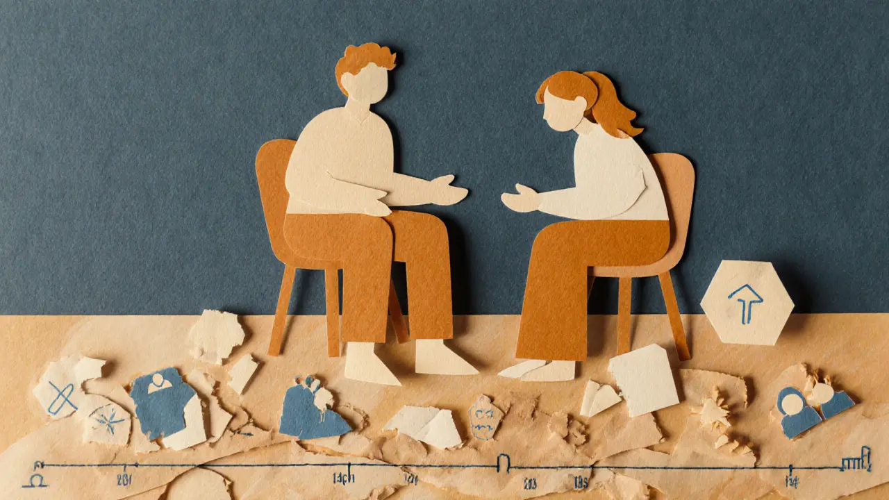 Dvě postavy v terapii, pod nimi časová osa s emocionálními symboly.