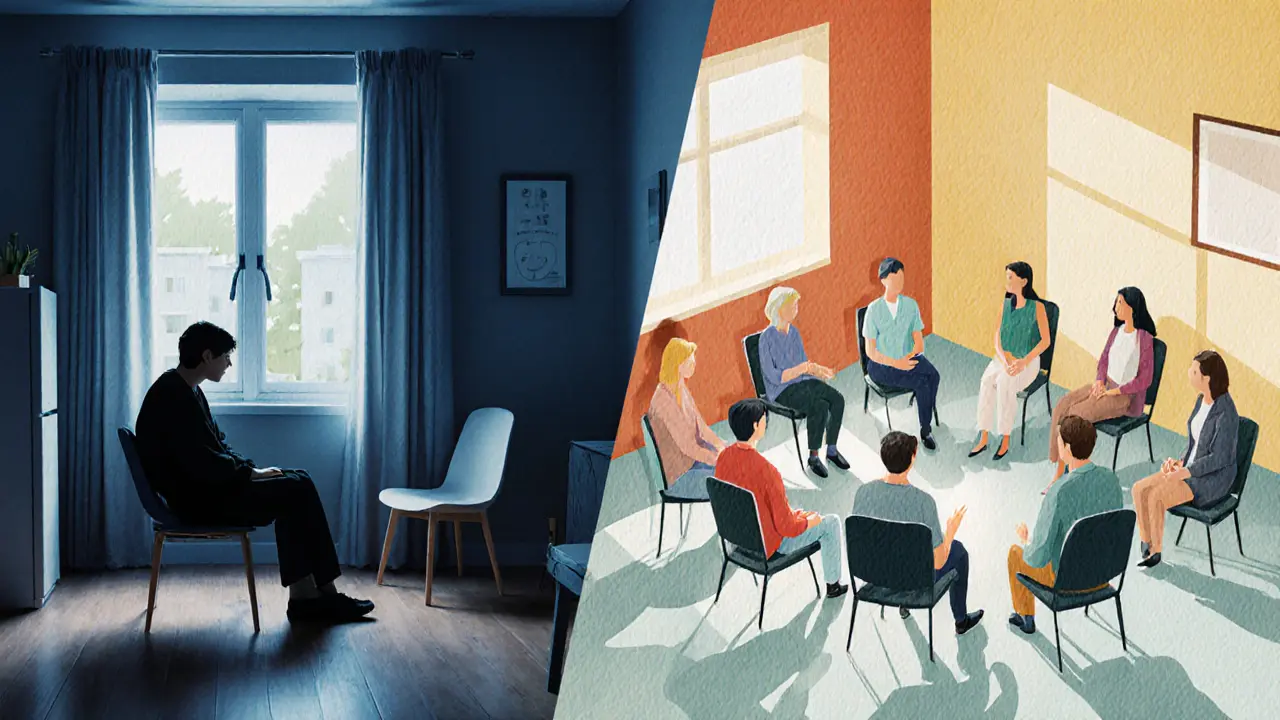 Dvě scény: izolace doma vs. podpora v rezidenčním léčebném centru, znázorněné papírovými ilustracemi.