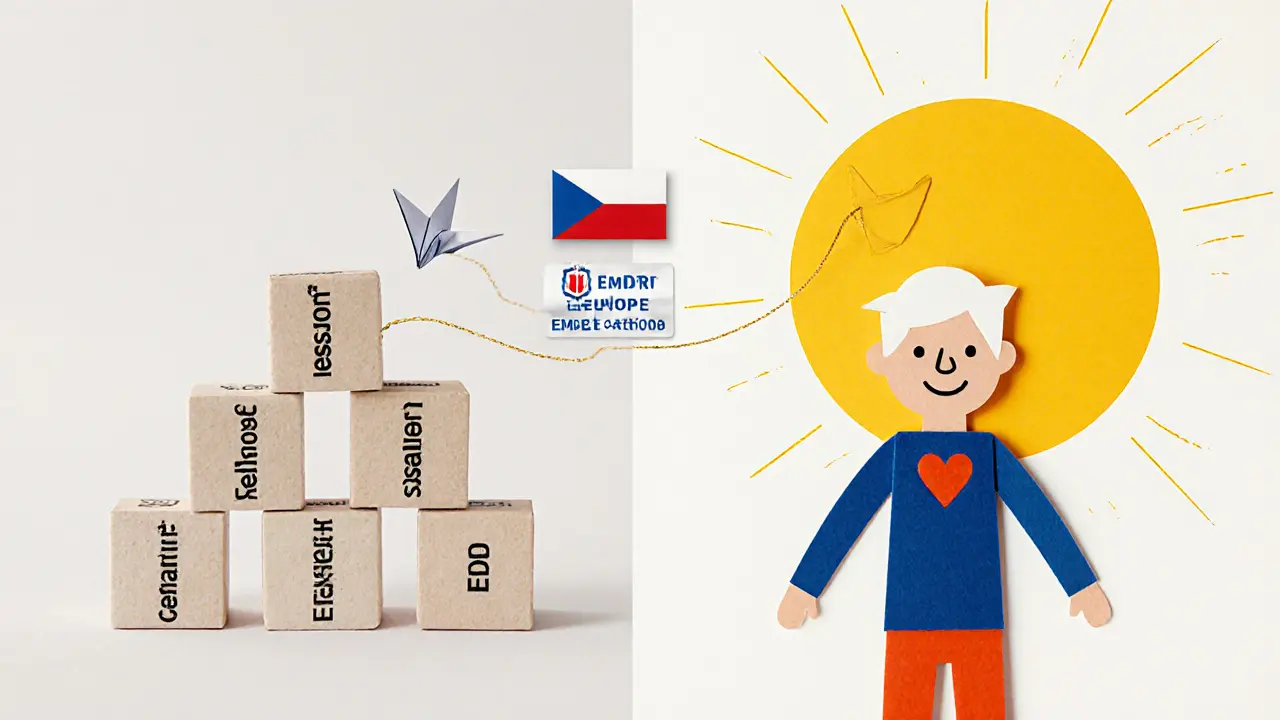 Dvě scény: jedna s 16 bloky KBT, druhá s 3 bloky EMDR a zlatou nití k slunci, na pozadí certifikační číslo.