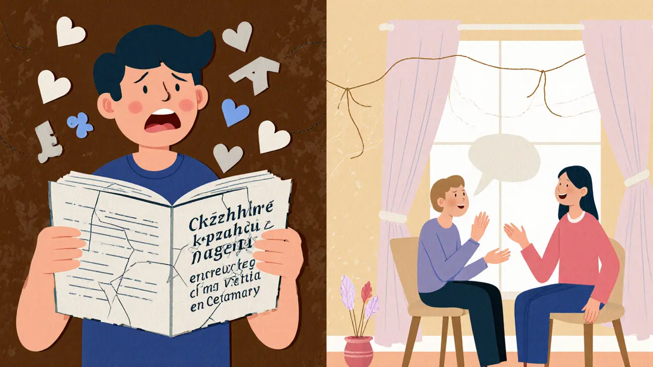 Dvě strany jedné osoby: jedna potlačená v češtině, druhá uvolněná v angličtině, spojené papírovými srdci.