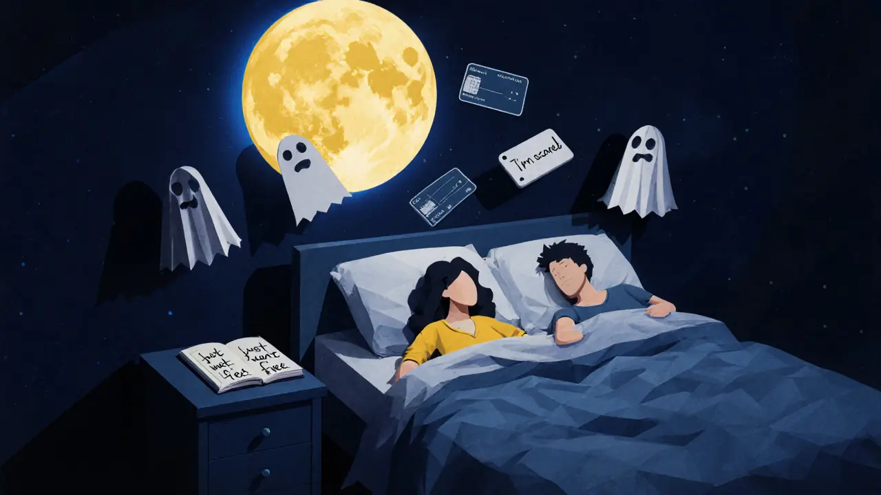 Dvojice v posteli, nad nimi plavou skryté účty a šepoty, na nočním stolku otevřený deník.