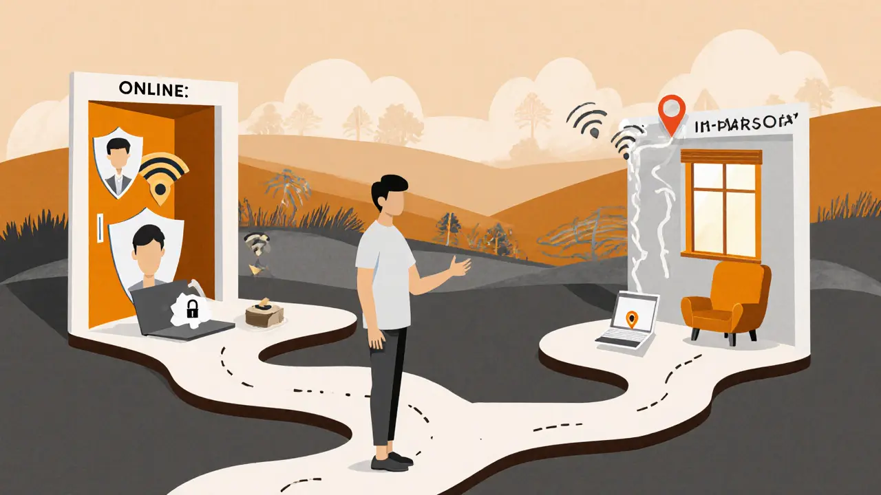 Hybridní terapie: klient stojí mezi online a osobní sezení, symbolizující přístupnost a digitální rozdíl.