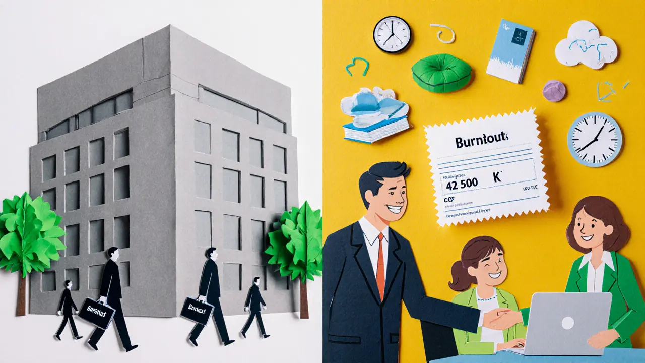 Kontrast mezi vyhořením a podporou: šedé kanceláře vs. živá pracovní prostředí s ikonami duševního zdraví.