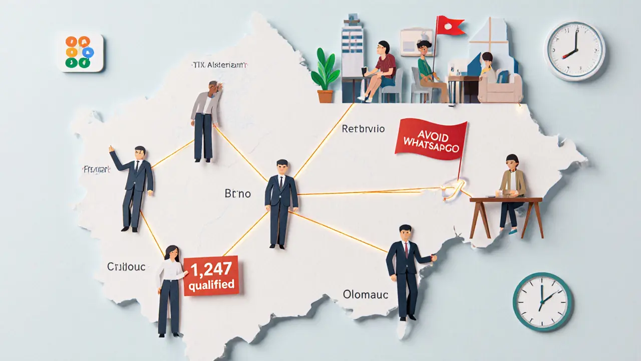 Mapa Česka s terapeuty ve městech a propojenými expaty, symbolizující přístupnost anglické terapie.