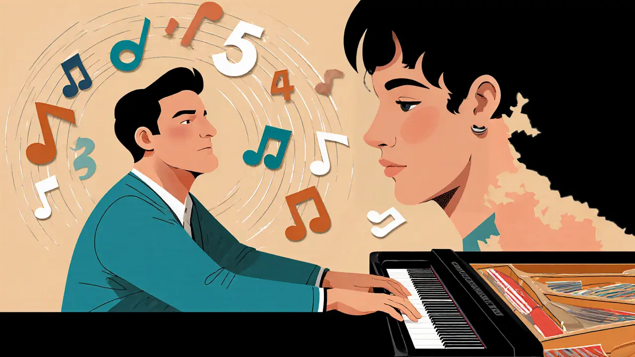 Muž hraje na klavír, kolem něj se vznášejí papírové noty a čísla, zatímco jeho obličej je rozdělený.