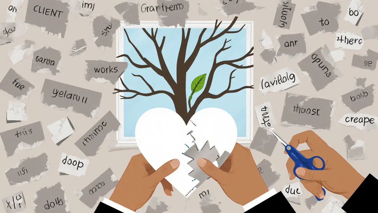 Na zdi kanceláře jsou papírové vrstvy reprezentující cesty klientů, zatímco se pomalu sestavuje srdce z kousků papíru.