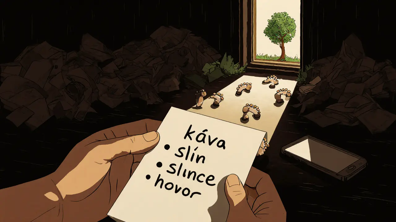 Osoba drží seznam vděčnosti, za ní cesta k oknu s stromem, telefon leží vypnutý.