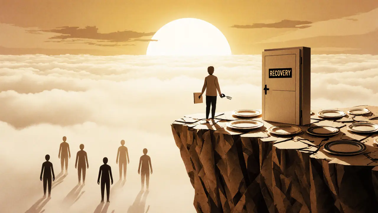 Osoba na okraji skály z váh a talířů, dívá se na východ slunce za dveřmi uzdravení, drží deník a vidličku.