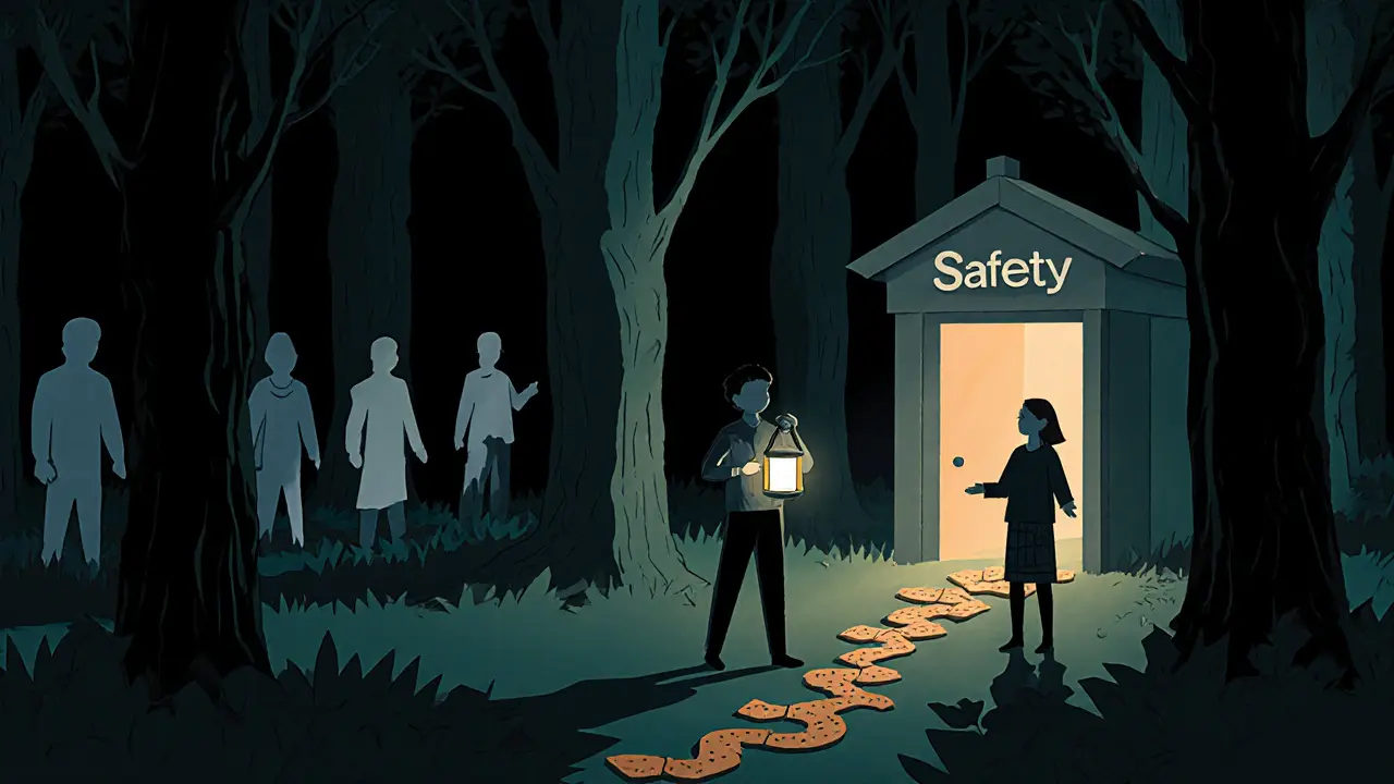 Osoba s laternou stojí na okraji lesa, terapeut za ní s otevřenými rukama, cesta z papírových kousků vede k dveřím.