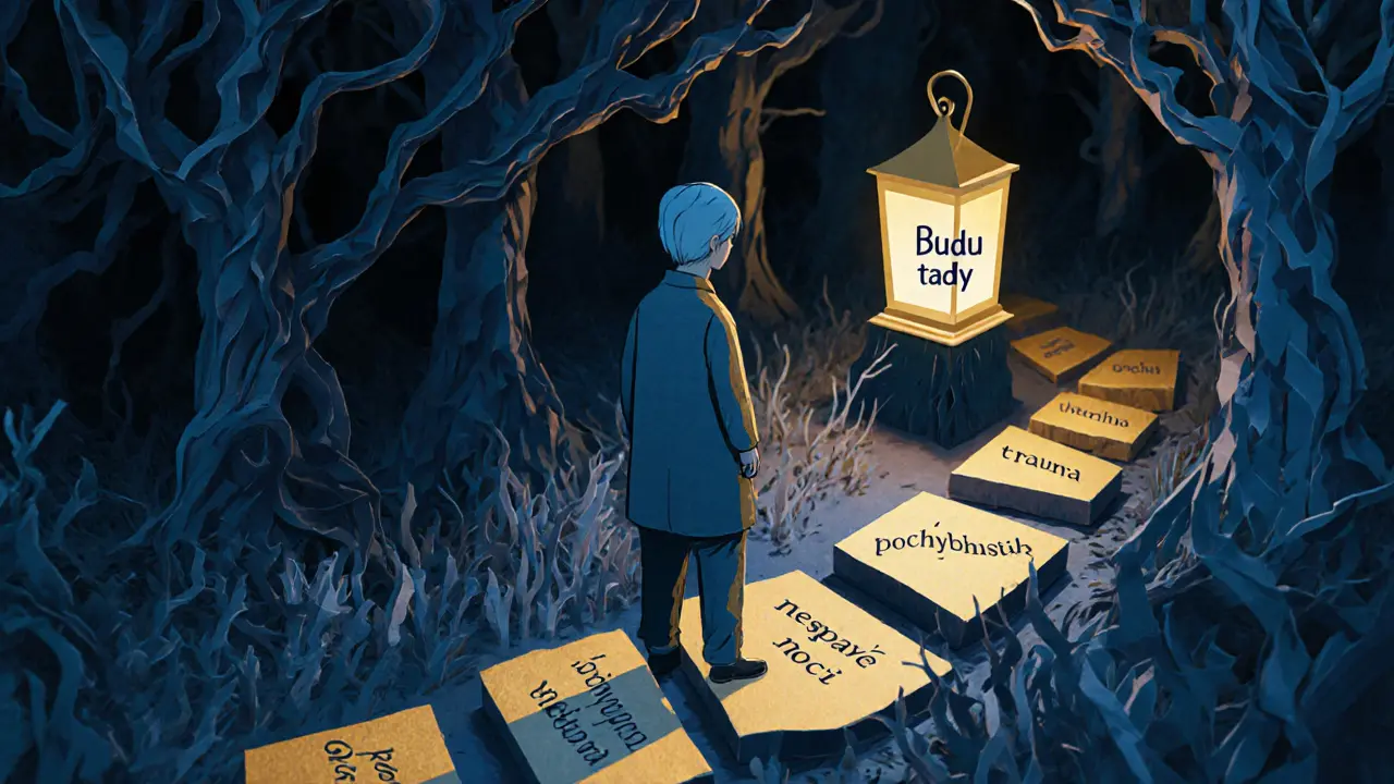 Osoba stojí na cestě z kamenů s nápisy o obtížích, před ní svítí lampa s &#039;Budu tady&#039;, za ní temný les.