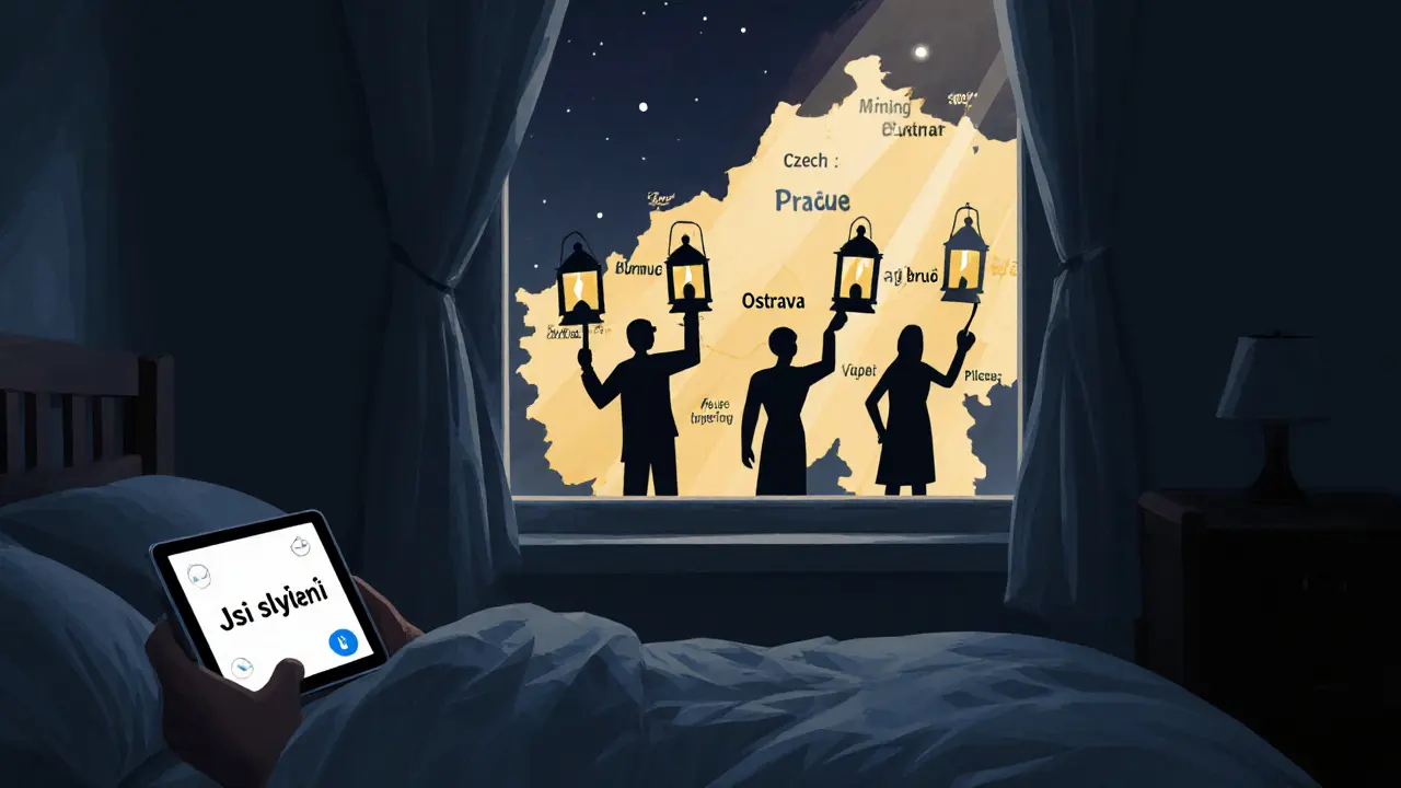 Osoba v noci přijímá podporu přes chat, města Česka svítí v okně.