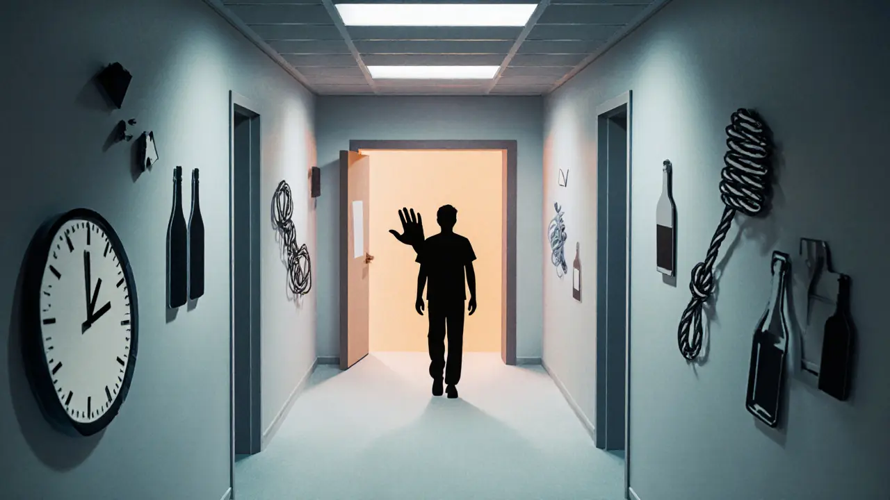 Pacient ve výklenku nemocnice směřuje k zářícímu východu, kolem něj symboly závislosti.