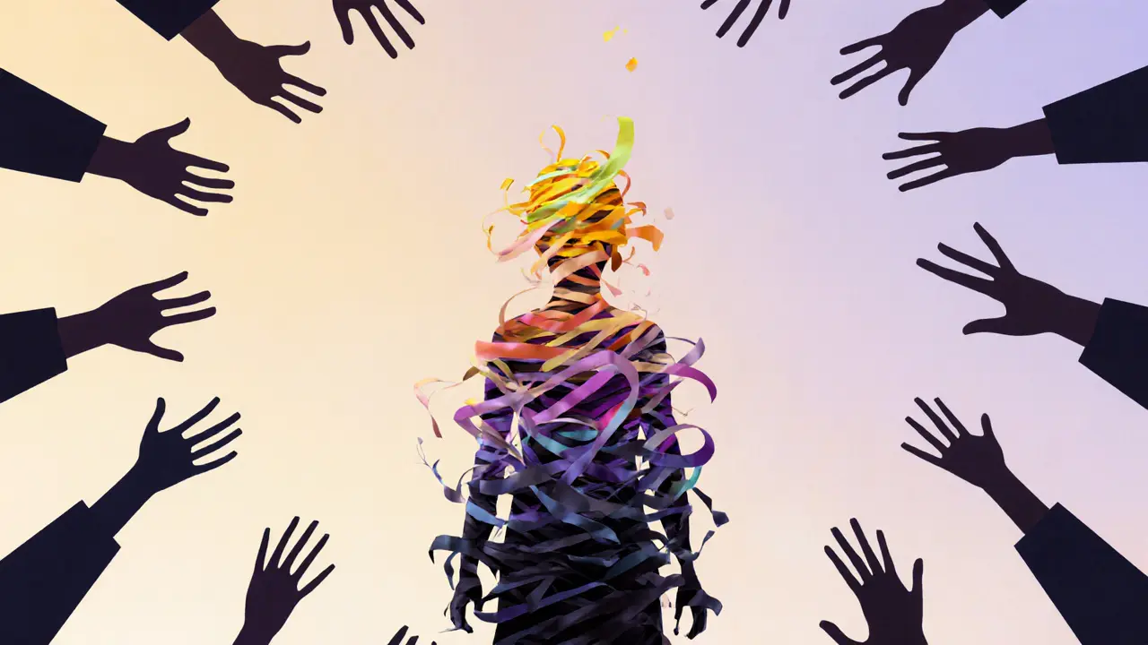 Postava s tělem z papírových pruhů, které se mění z temných kousků do jasných proužků, symbolizujících přeměnu.