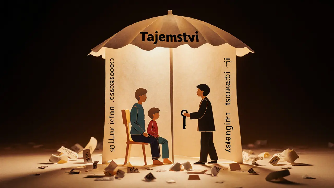 Rodič a dítě pod parapetem tajemství, terapeut drží klíč, symbolizující důvěru a soukromí.