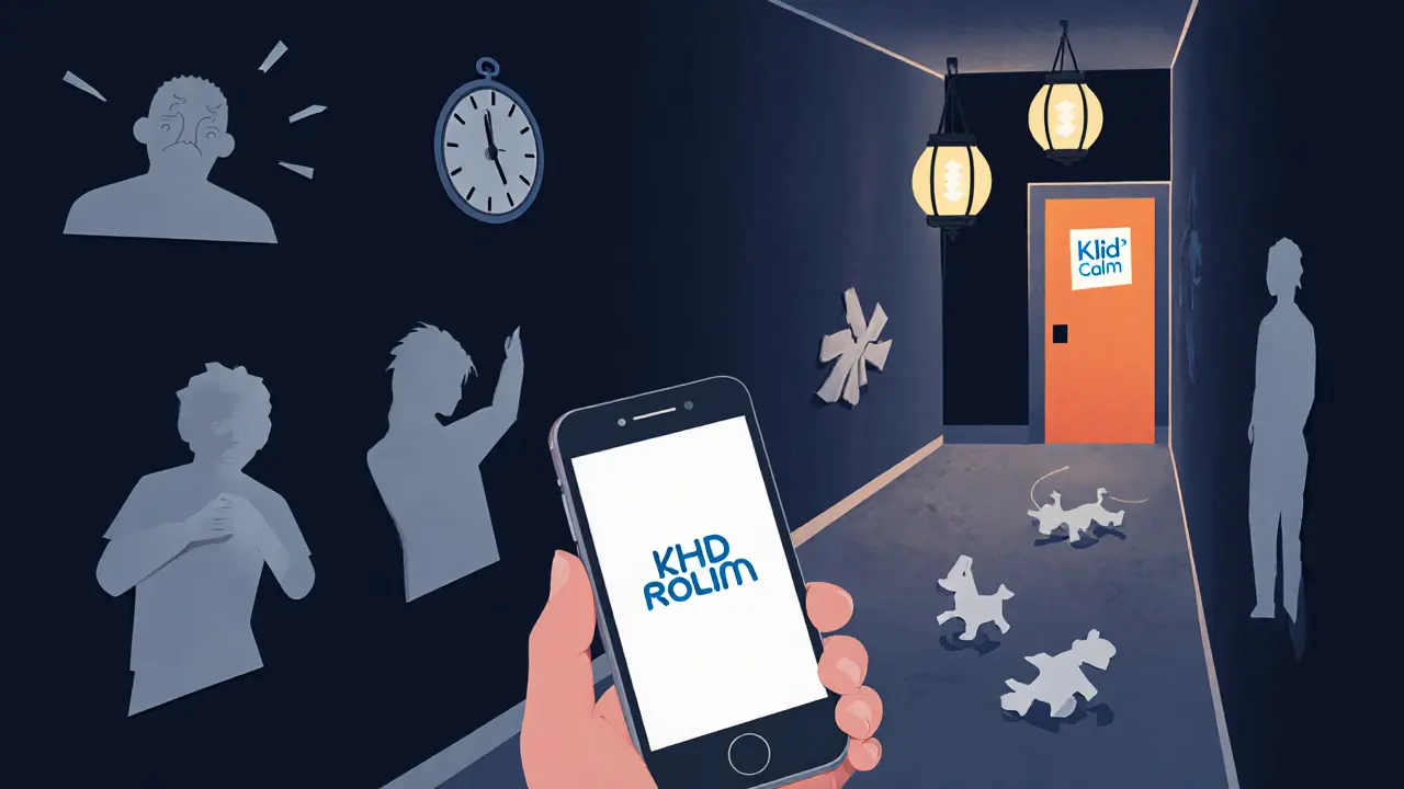 Rodič drží mobil s aplikací, za ním mizí stíny stresu, vpředu vede cesta k tichému klidu.