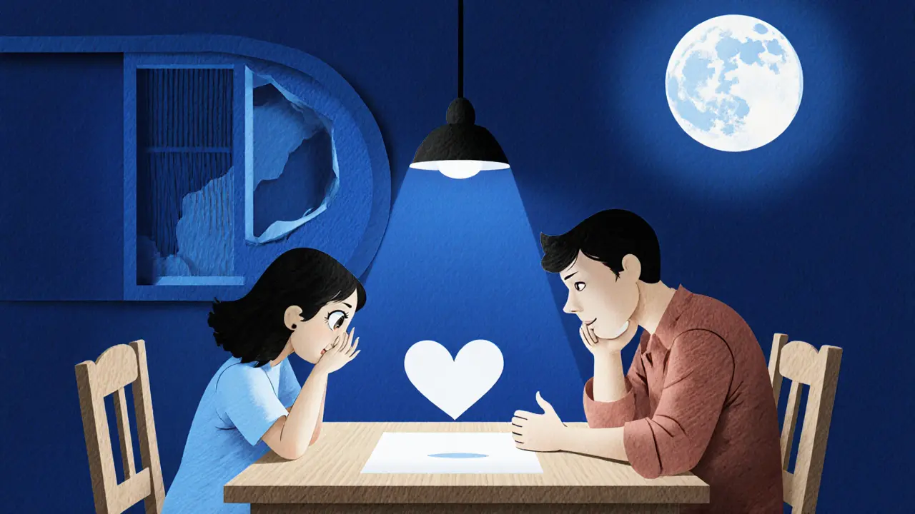 Rodina sedí u stolu, rodič naslouchá dítěti, mezi nimi plave papírové srdce v klidném osvětlení.