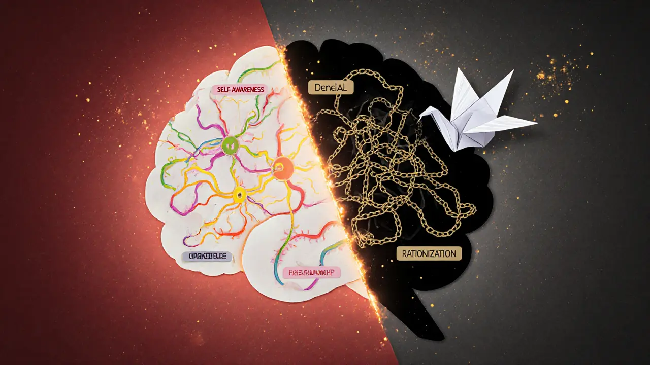 Rozdělený mozek: jedna strana světla, druhá temnoty s řetězy.