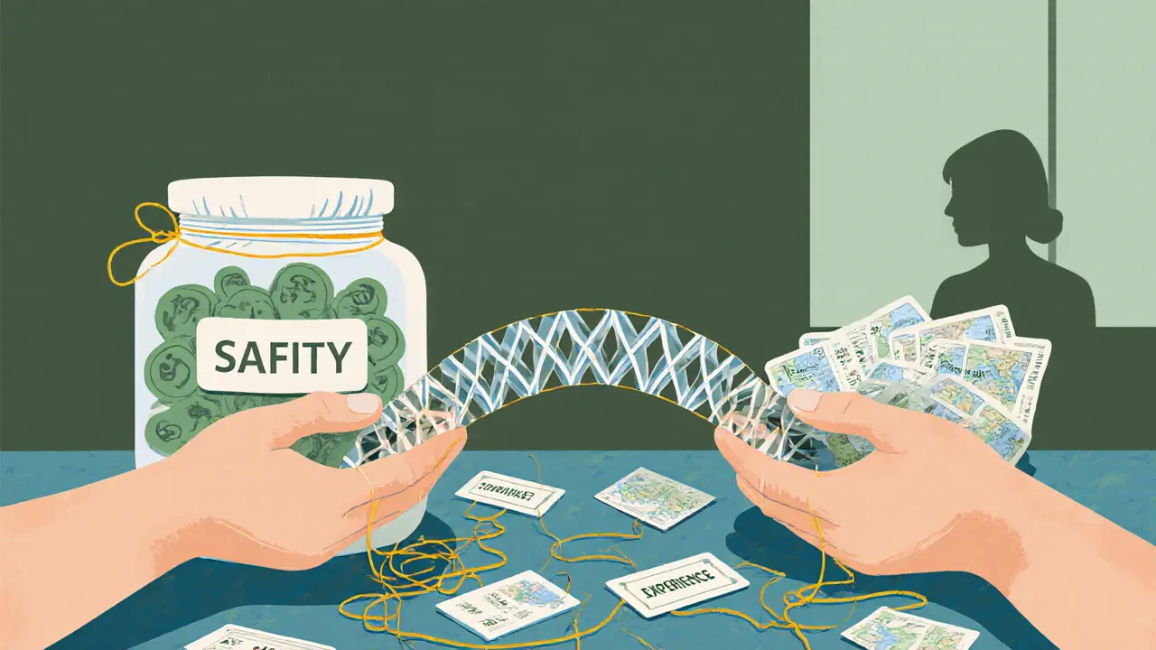 Ruce přes stůl drží šetření a zkušenosti, mezi nimi se pomalu tvoří most z nitě.