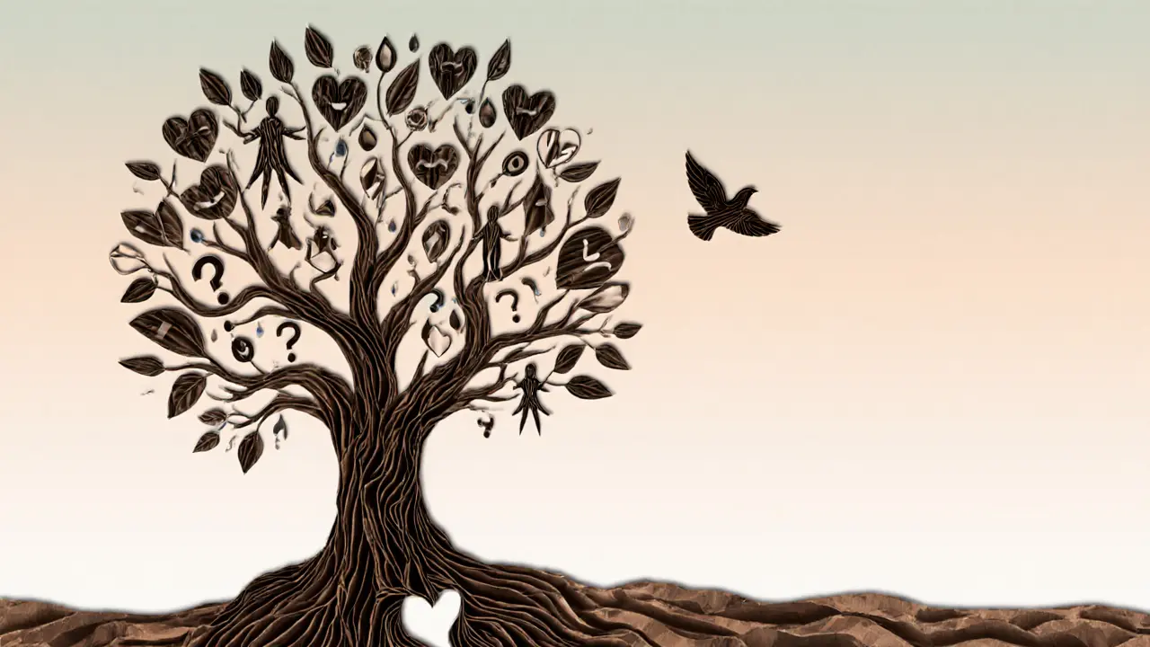 Strom s kořeny z lidí a listy jako emoce, jeden kořen přeříznutý.