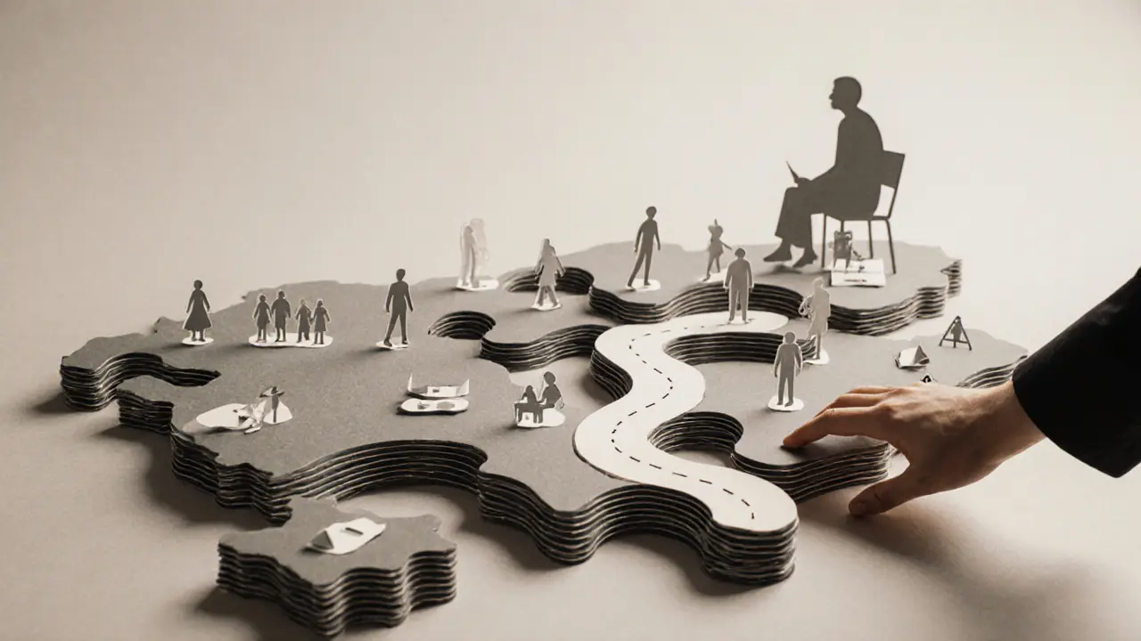 Symbolická mapa života s vrstvami rodiny, práce a izolace, vedená rukou terapeuta.