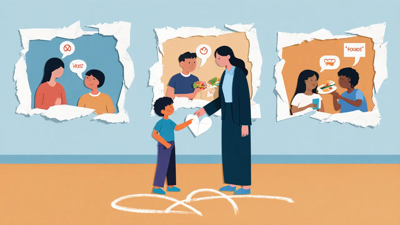 Terapeut a dítě ukazují na hranici na zemi, symbolické scény kolem vyjadřují souhlas.