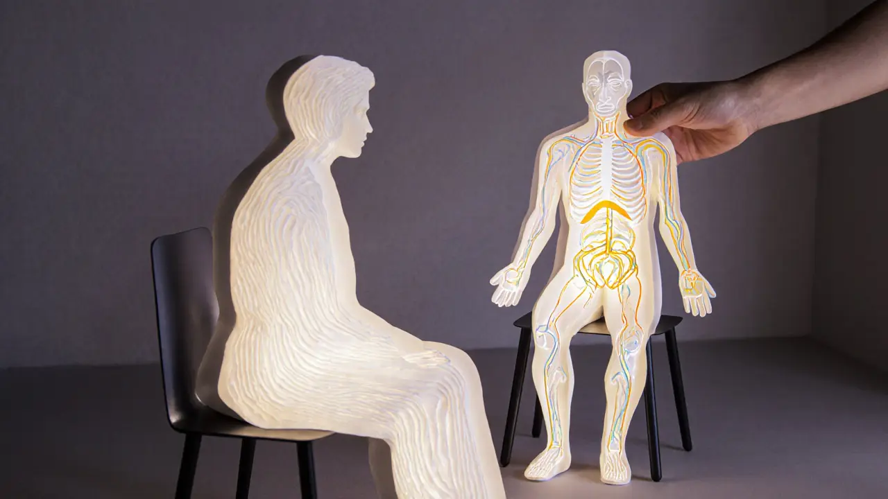 Terapeut a klient sedí proti sobě, tělo je znázorněno průhlednými papírovými vrstvami s osvětlenými nervovými cestami.