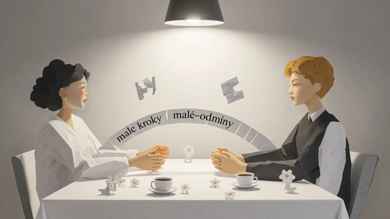 Terapeut a klient sedí u stolu, mezi nimi papírový most s malými kroky a odměnami, jedna část se odtrhuje.