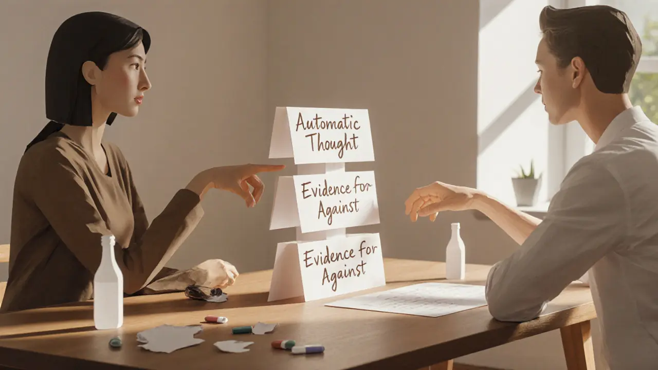 Terapeut a klient u stolu s trojsloupcovou tabulkou na papíře.