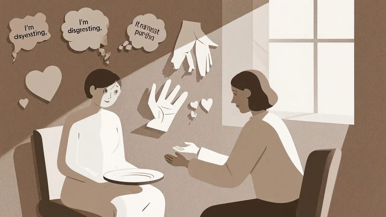 Terapeut a pacient v místnosti, záporné myšlenky se rozpadají.