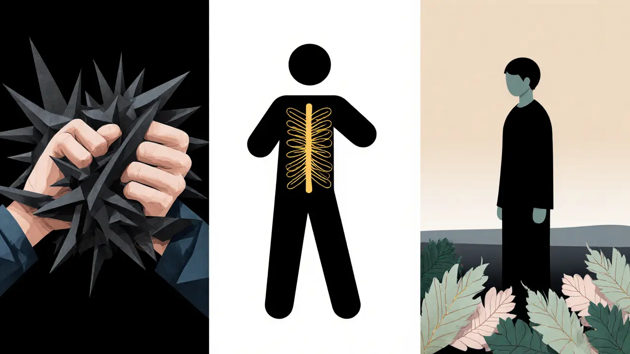 Tři fáze hojení: napjatá postava, uvolňující se postava a konečně klidná postava s listy kolem sebe.