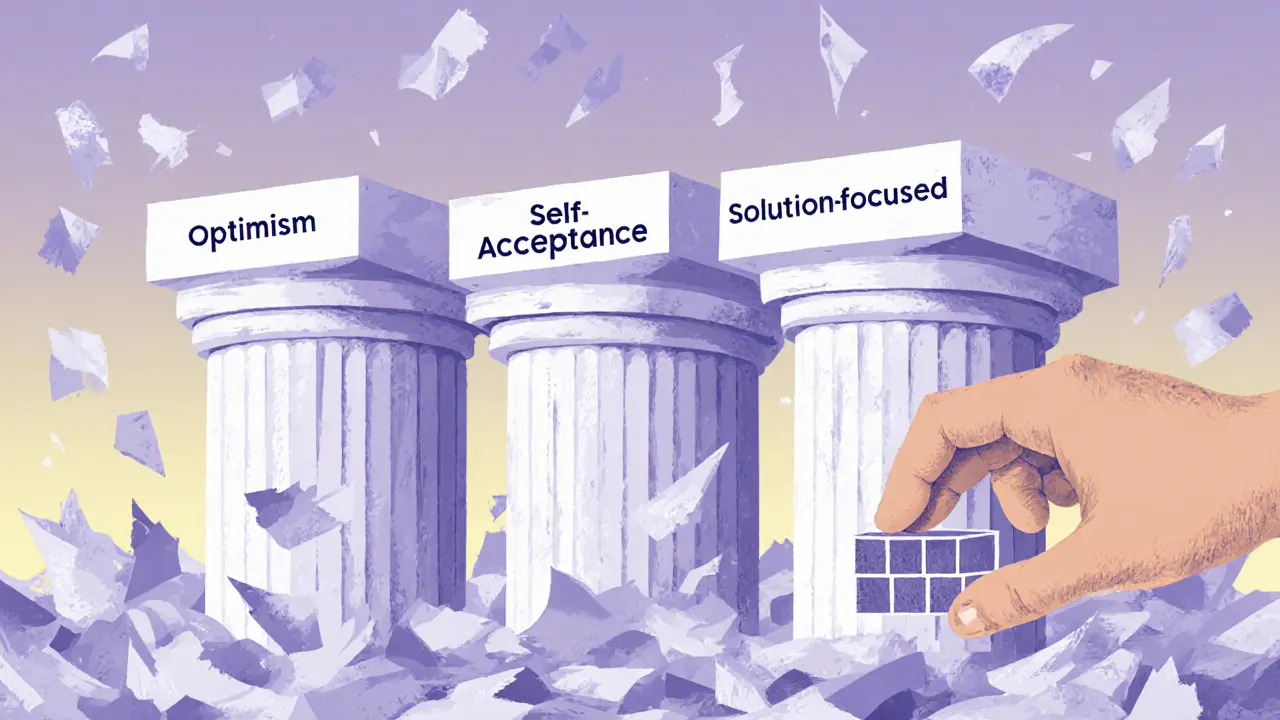 Tři papírové pilíře podporují stresové výzvy, ruka přidává nový kámen k odolnosti.