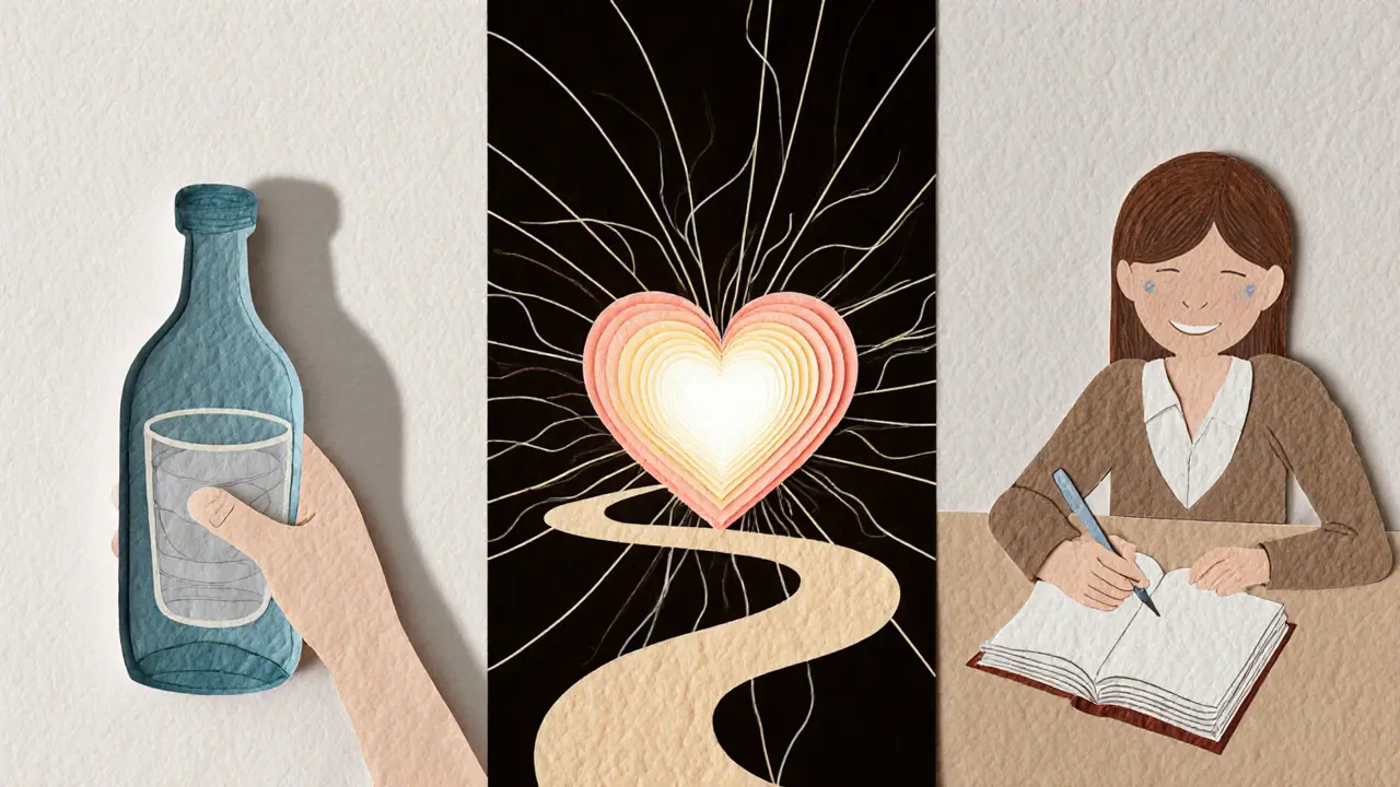 Tři postavy spojené cestou od krize k klidu, symbolické papírové detaily.