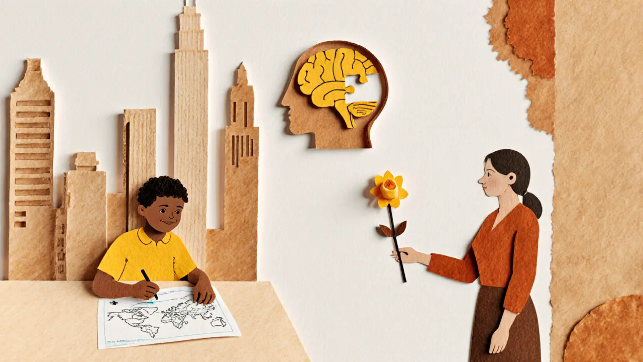 Tři scény: dítě kreslí, ruka vkládá kousek skládačky do mozku, učitel podává papírovou květinu.