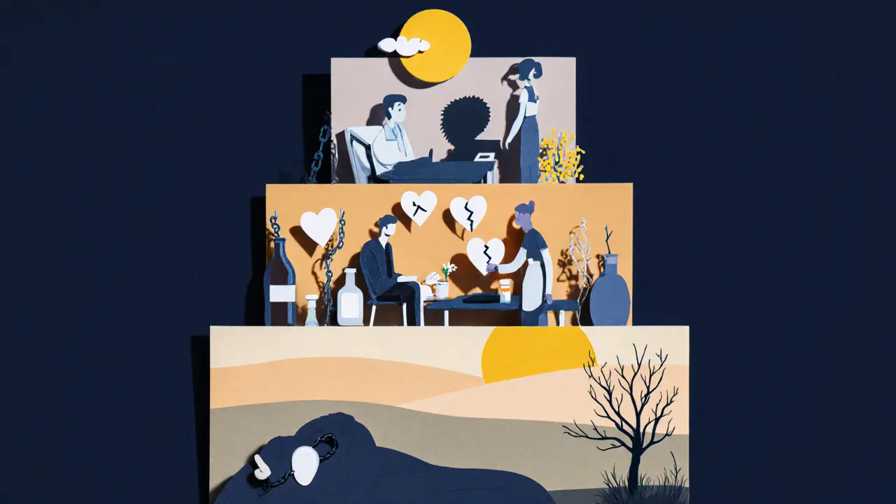 Tři vrstvy: závislost, terapie, obnova — každá oddělená papírovou mezerou, symbolizující léčbu.