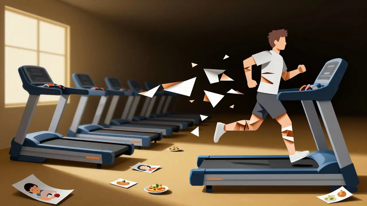 Běžec na nekonečném běžeckém pásu, jeho tělo se rozpadá, zatímco životní radosti zůstávají za ním.