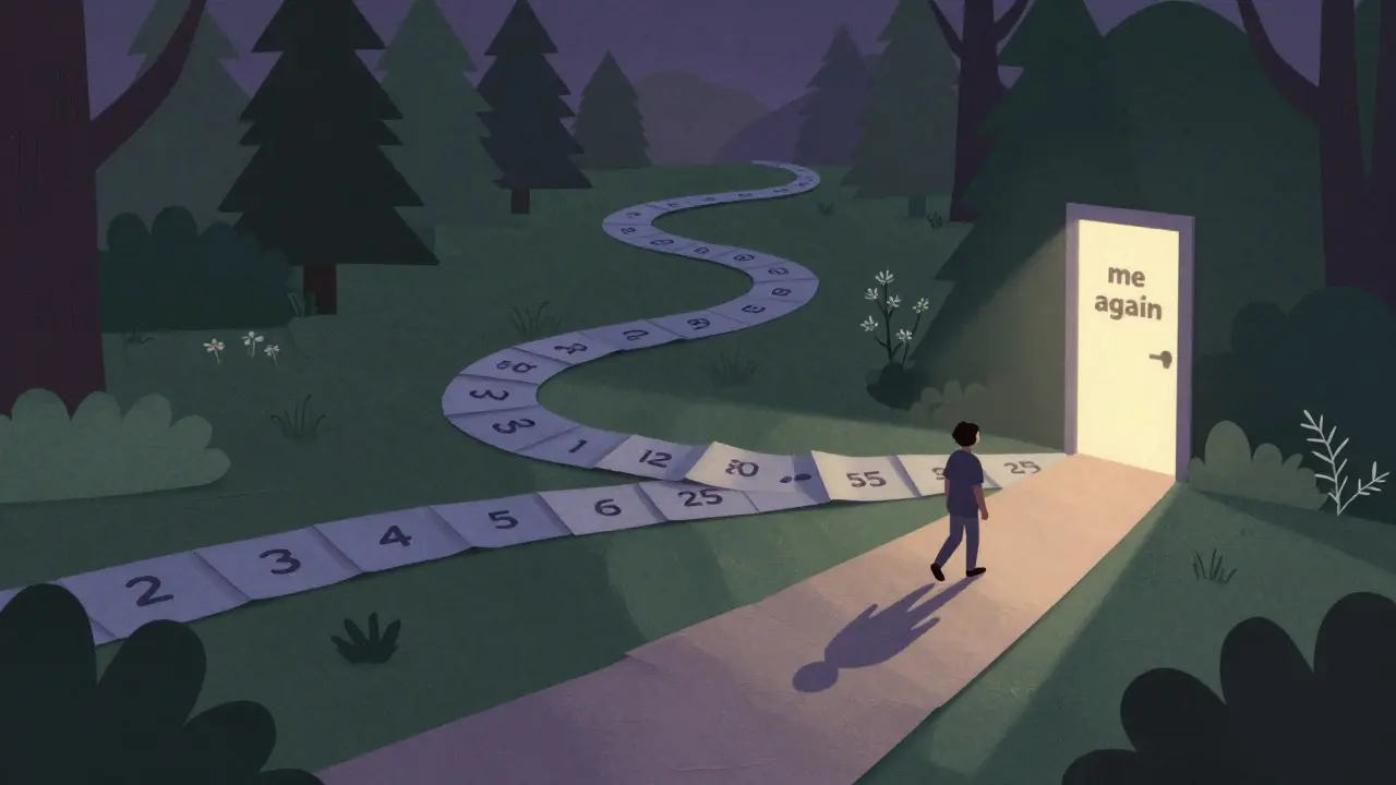 Cesta z papírových pruhů vede skrze roční období k dveřím s nápisem 'já znovu', symbolizující terapeutickou cestu.